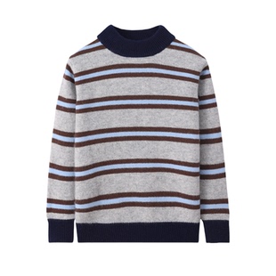 男童宝宝撞色条纹100%纯羊毛衫儿童厚款毛衣半高领女童针织打底衫