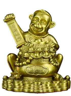 纯铜猴子摆件生肖猴金猴送福聚宝盆猴客厅办公室店铺装饰商务礼品