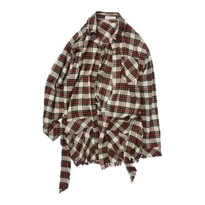 1JINN STUDIO复古工装口袋红格纹毛边连衣裙女直筒百搭长袖衬衫裙