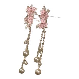 春日甜美粉色花朵仿珍珠流苏发夹女款氛围感小众精致2025新款发饰