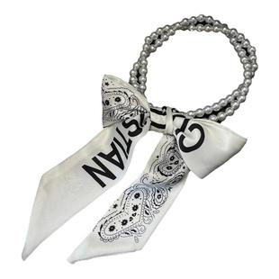 法式复古春夏珍珠项链丝巾女锁骨链丝带韩版装饰绑发带小领巾飘带