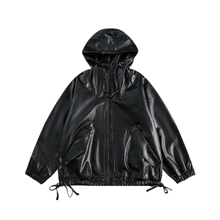 Nobodyknows秋季美式街头PU皮机车风连帽皮衣情侣上衣潮夹克外套