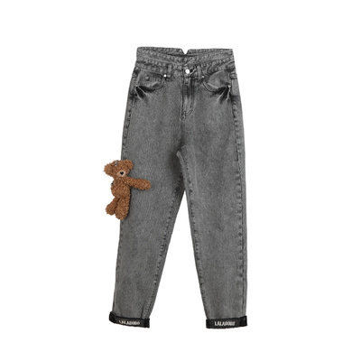 可爱休闲芥末熊高腰牛仔裤