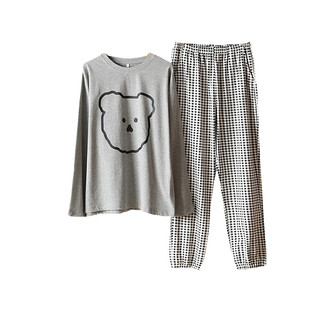 日系短袖情侣睡衣薄款纯棉小熊家居服大码胖mm200斤格子短裤套装