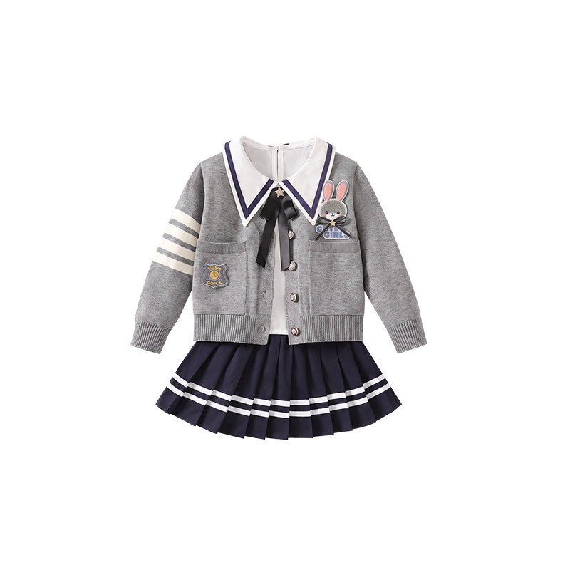 女童秋装2026新款三件套毛衣套装jk学院风兔子警官衣服女孩裙子秋