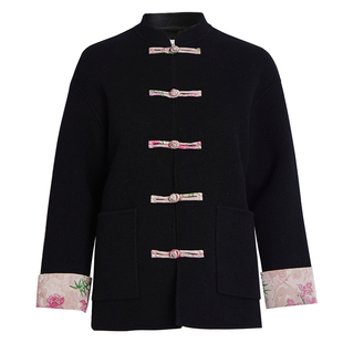 QS秸熙冬季新款改良轻国风新中式双面呢大衣女中式提花蟠龙钉外套