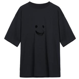 未知未觉2024秋新品圆领宽松短袖黑色上衣设计感小众女W332T11503
