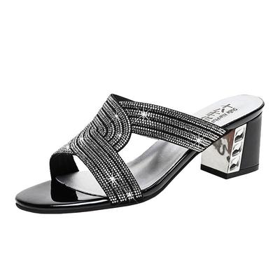 十八年华粗跟水钻舒适凉拖鞋