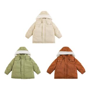 幼悠女童2025冬季纯色棉服中长款冬季保暖拼接毛绒立体连帽外套潮