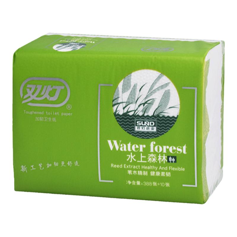 双灯加韧压花卫生纸398层家用水上森林5包装草纸白色平板柔韧厕纸