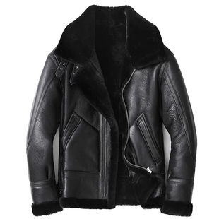 进口原生态皮毛一体男飞行夹克真皮皮衣男机车短款绵羊皮草加厚潮