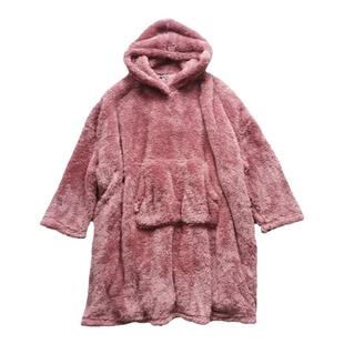 外贸原单出口女士秋冬季加厚珊瑚绒连帽宽松长款套头家居服外套