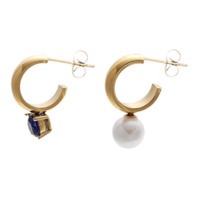 蓝锆石珍珠不对称不褪色钛钢耳钉