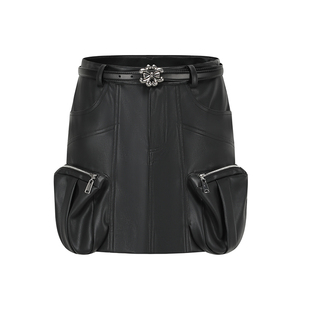 4MILE设计师品牌 摇滚风黑色皮革口袋短款半身裙裤裙赠金属扣腰带