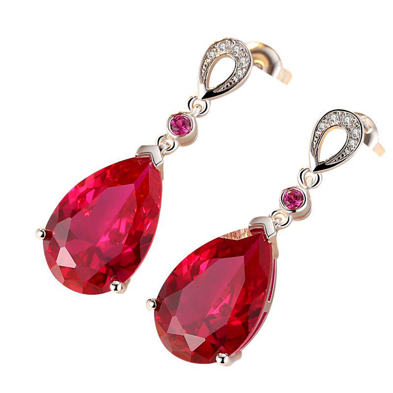 红宝石耳钉女欧美个性彩色宝石耳饰纯银镀18k金简约耳环耳坠饰品