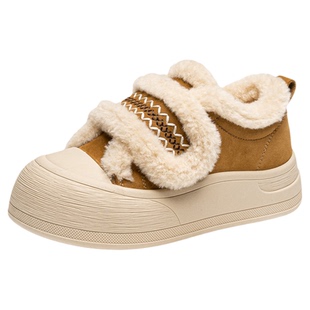 依思q厚底毛毛板鞋2026冬季新款雪地靴加绒休闲鞋魔术贴增高棉鞋