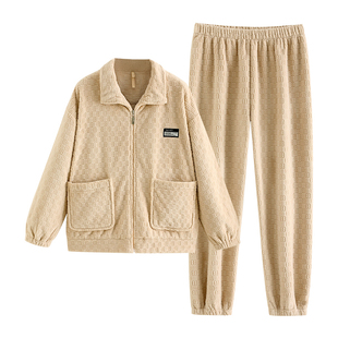 家乐芬睡衣女士秋冬季加厚珊瑚绒法兰绒大码长袖家居服秋冬款套装