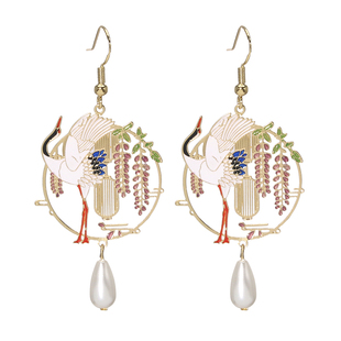 蓝色仙鹤古风耳环复古山水绿松仙气森系气质长款超仙纯银耳钩耳夹