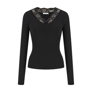 MosesQueen魔西女王加绒加厚蕾丝v领打底衫女内搭修身长袖t恤上衣
