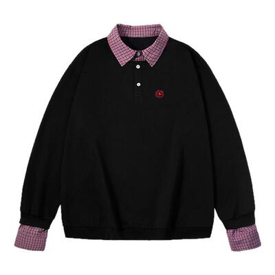 PSO Brand 男装女装假两件针织polo衫男款宽松长袖上衣衬衫情侣装