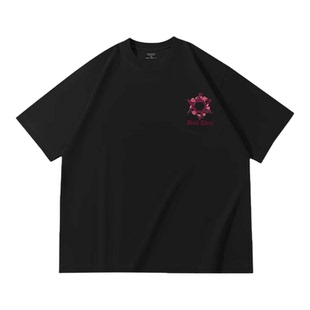 美式新款宽松半截袖花卉短袖t恤男重磅纯棉字母印花小众潮牌上衣