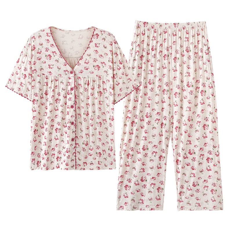 猫人妈妈睡衣女夏短袖七分裤中老年奶奶莫代尔棉506070多岁家居服