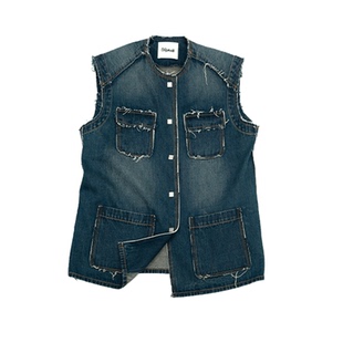 【fafamoon设计师品牌】四口袋垫肩毛边水洗牛仔显白马甲外套女