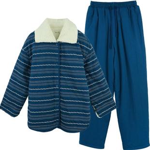 冬季刺绣条纹纯棉夹棉家居服套装大翻领加厚加绒女睡衣朵朵可可