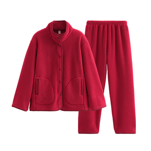 芬腾蓬蓬绒睡衣女珊瑚绒秋冬季加绒抗静电本命年大红色家居服套装