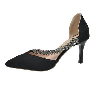 韩剧同款水钻链高跟鞋女中空春夏浅口气质单鞋尖头细跟包头凉鞋潮