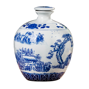 陶瓷酒坛5斤10斤景德镇青花瓷山水人物图密封空酒具坛子收藏送膜