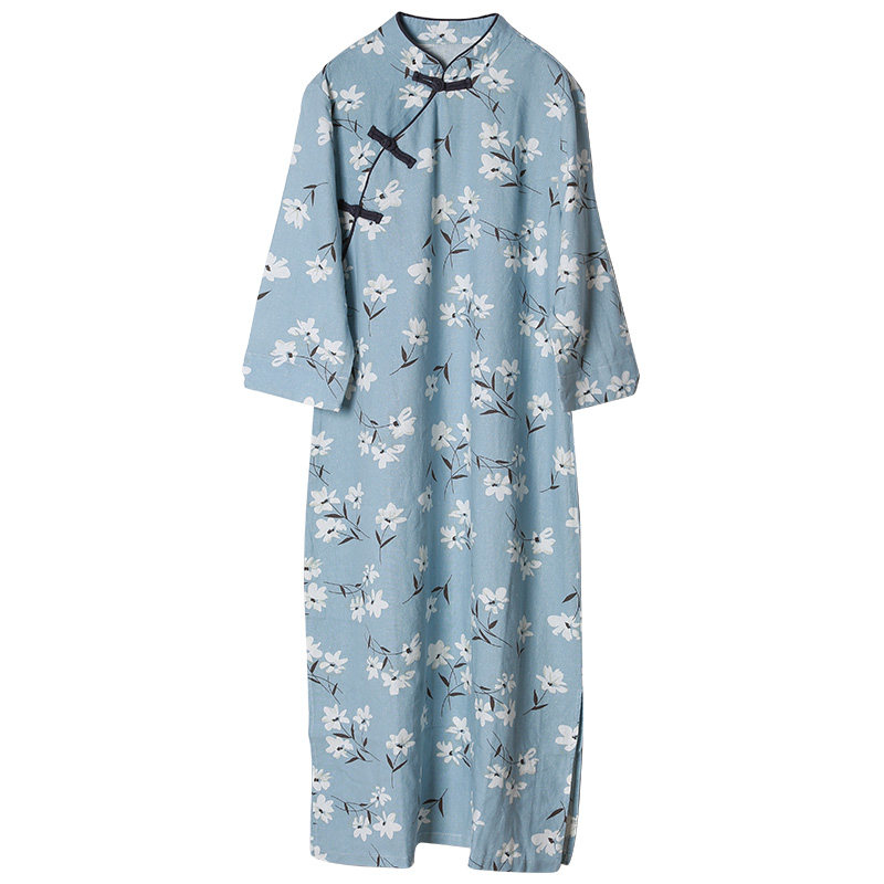 中式旗袍半袖连衣裙夏棉麻印花女