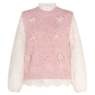 邱莹莹 HELAAOMI “落英缤纷”两件套钉珠花朵针织衫背心蕾丝衫