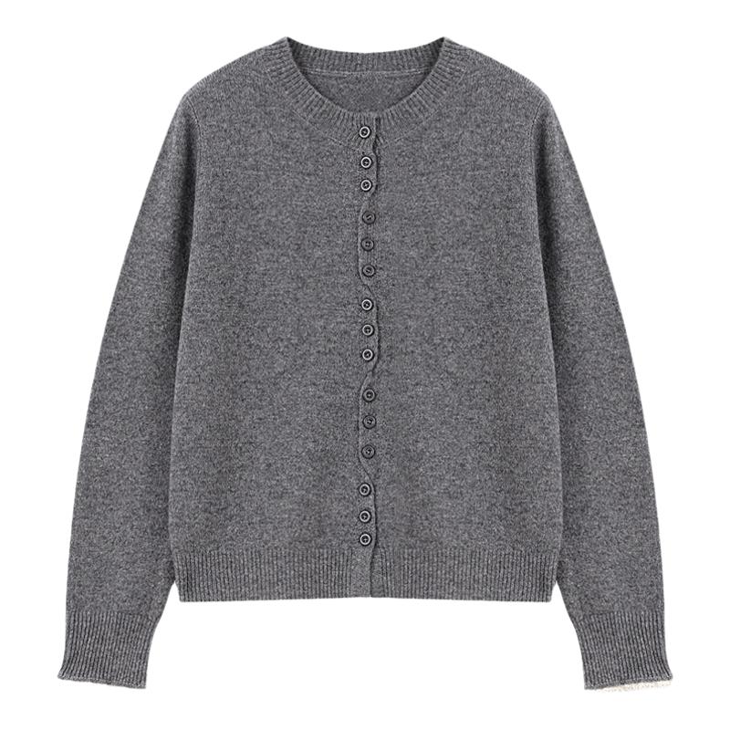 Basic House/百家好白色圆领设计感针织开衫女夏季超好看外搭毛衫