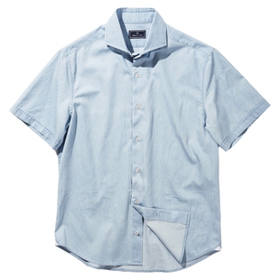 25春夏轻薄牛仔水洗NAPOLI意式温莎领复古绅士高级短袖衬衫男