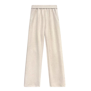 米色人字纹阔腿裤女秋冬2024新款高腰窄版小个子直筒毛呢加绒裤子