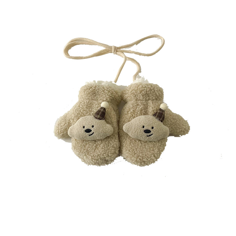 宝宝手套秋冬季加绒加厚连指挂绳包指手套男女童可爱超萌挂脖手套