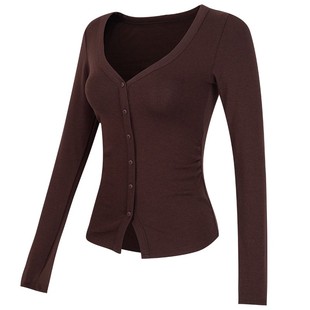 修身健身衣女绝美瑜伽服新款领排扣收腰长袖普拉提训练运动上衣秋