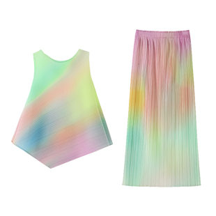 有耳uare原创设计 氛围感的神 彩虹渐变压褶不规则背心半身裙套装