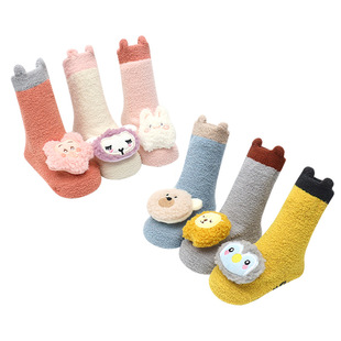 宝宝地板袜防滑隔凉秋冬室内保暖婴儿中筒袜珊瑚绒加厚儿童公仔袜