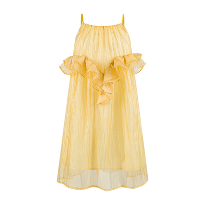 Little Naive女童连衣裙夏季新款光泽侧花瓣裙子儿童蓬蓬吊带裙