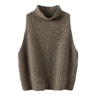 萨琪尼官方正品！羊绒背心马甲女立领无袖镂空提花羊绒马甲