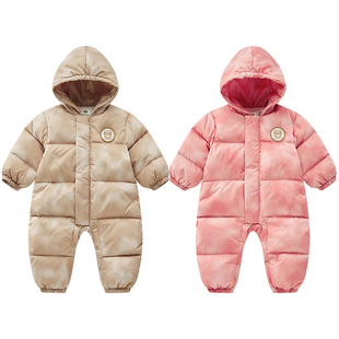 拉比婴儿羽绒连帽连体衣2025冬季新款男女宝宝保暖长袖哈衣爬服