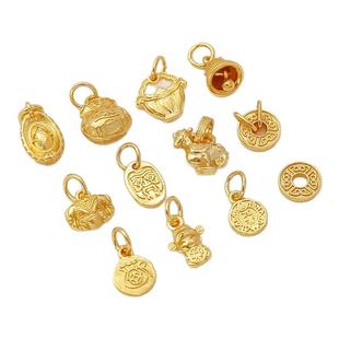 保色24K包金小象福字圆牌钱袋元宝发财铃铛小滴溜手工DIY首饰吊坠