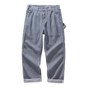 秋冬原色牛仔铁道工人裤阿美咔叽多口袋条纹工装裤户外工作裤长裤