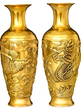 纯黄铜龙凤花瓶摆件大号仿古花瓶