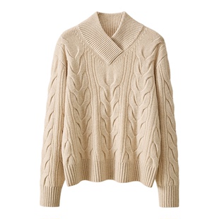 春竹秋冬新款100%绵羊毛青果领宽松绞花长袖舒适女士针织羊毛衫