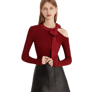 DPLAY2025秋季法式复古红色立体蝴蝶结上衣露肩设计感修身针织衫