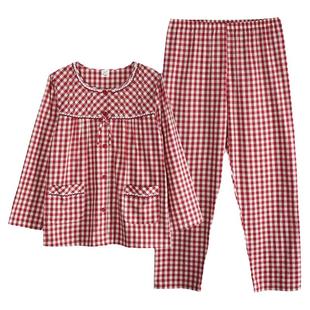 睡衣女春秋季新款纯棉甜美娃娃领秋冬款长袖宽松格子可外穿家居服