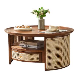 北欧圆茶几日式民宿藤家具小茶几侘寂风复古实木藤编圆形矮桌几